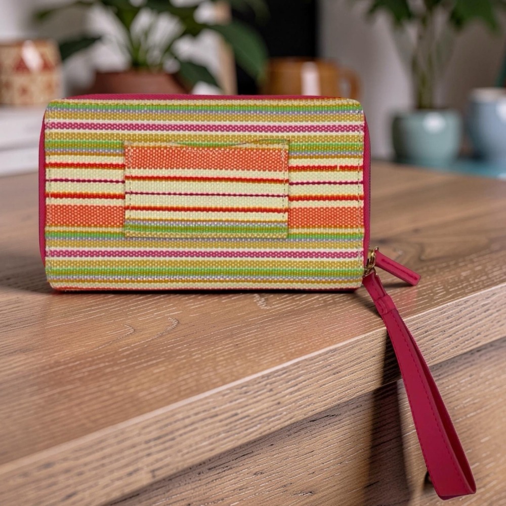 Time & Tru Womens Colorful Stripe Double Zip Wristlet Wallet ID Window Canvas